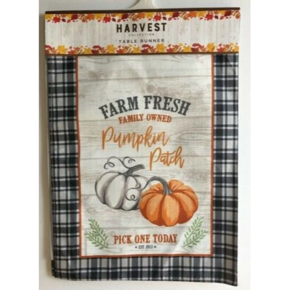 Pumpkin Patch Table Runner Thanksgiving Fall Black Buffalo Plaid Trim 13x72